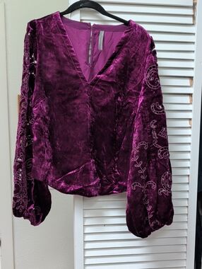 Anthropologie Plum Velvet V-Neck Balloon Sleeve Blouse